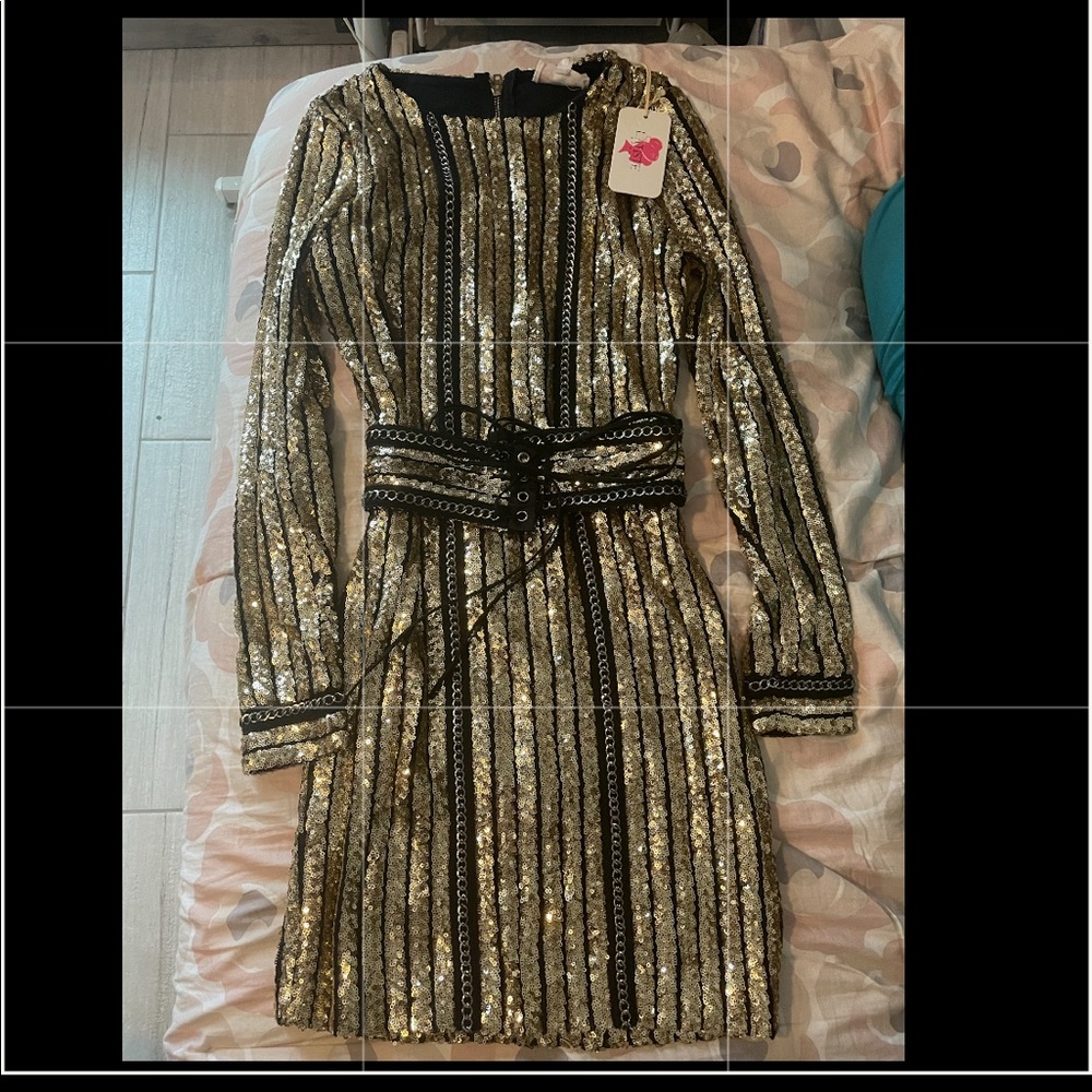 Balmain inspired black and gold sequin dress